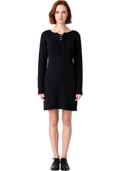 Kadın Siyah A Line Kısa Mini Triko Elbise Bağlama Detaylı Kaçık Yaka Uzun Standart Kollu Fitilli modelleri