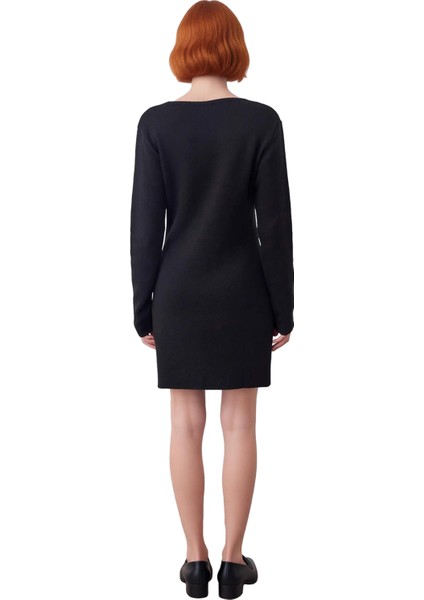 Kadın Siyah A Line Kısa Mini Triko Elbise Bağlama Detaylı Kaçık Yaka Uzun Standart Kollu Fitilli fırsatları