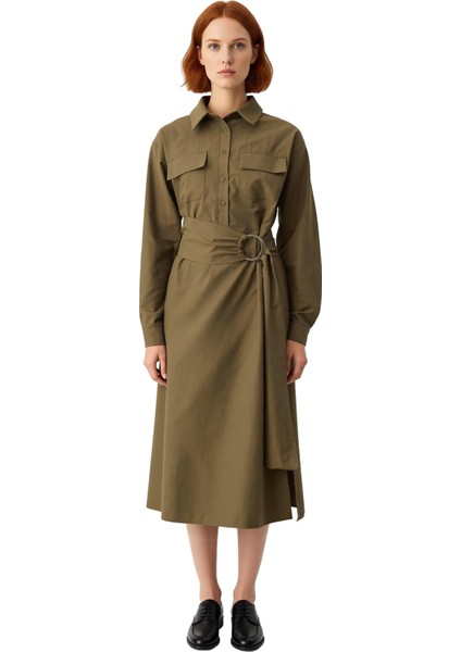 Kadın A Line Kesim Midi Boy Kuşaklı Gömlek Yaka Uzun Kollu Dokuma Elbise Kış Kombinleri Için Ideal modelleri