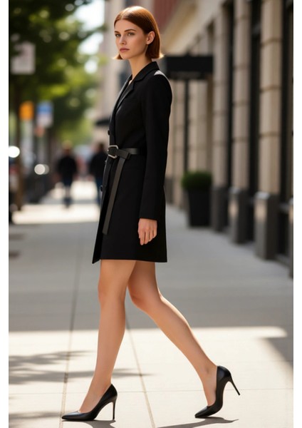 Kadın Siyah Kemerli Kısa Ceket Elbise Klasik Dokuma Tasarım Ofis Şıklığı Için Ideal Model Kaliteli