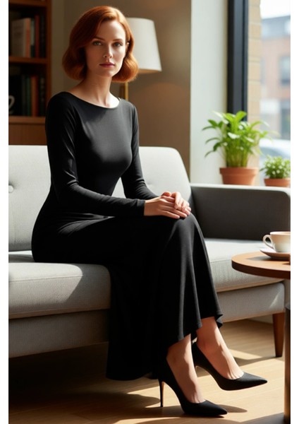 Kışlık Sezon Kadın Elbise Bodycon Kalıp Maxi Boy Uzun Kollu Örme Sandy Kumaş Mezuniyet Balosu