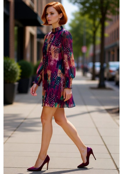 Kadın Şık Soyut Desenli Dik Yaka Balon Kol Astarlı Şifon Mini Elbise Ilkbahar Kombinleri Kaliteli fırsatları