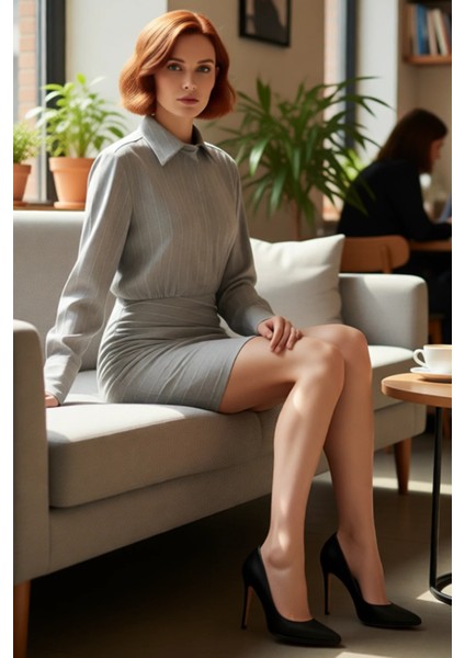 Kadın Çizgili Gömlek Yaka Uzun Kollu Dokuma Detaylı Modern Mini Elbise Şık Tasarım Kaliteli