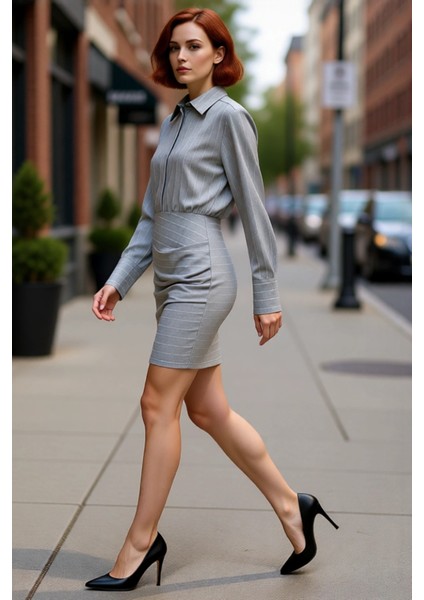 Kadın Çizgili Gömlek Yaka Uzun Kollu Dokuma Detaylı Modern Mini Elbise Şık Tasarım Kaliteli fırsatları