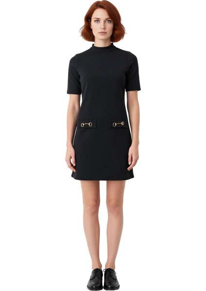 Kadın Siyah A Line Mini Elbise Dik Yaka Kısa Truvakar Kol Günlük Kullanım Için Şık Detaylı modelleri