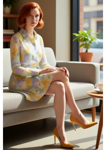 Kadın Skater Kalıp Çiçekli Şifon Gömlek Yaka Kuşaklı Mini Elbise Ilkbahar Sonbahar Şıklığı fiyatları