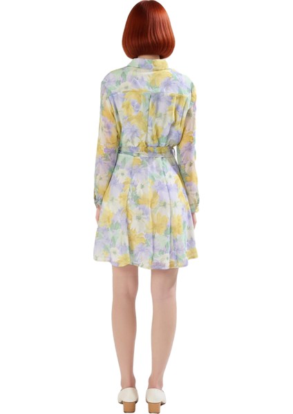 Kadın Skater Kalıp Çiçekli Şifon Gömlek Yaka Kuşaklı Mini Elbise Ilkbahar Sonbahar Şıklığı fırsatları