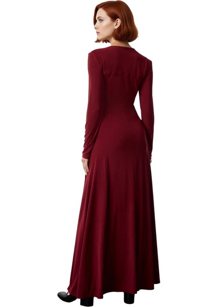 Kadın Maxi Bodycon Kalıp V Yaka Uzun Kollu Düz Desen Yırtmaç Detaylı Şık Modern Örme Elbise fırsatları