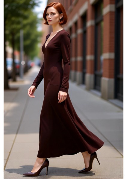 Kadın Maxi Bodycon Kalıp V Yaka Uzun Kollu Düz Desen Yırtmaç Detaylı Şık Modern Örme Elbise