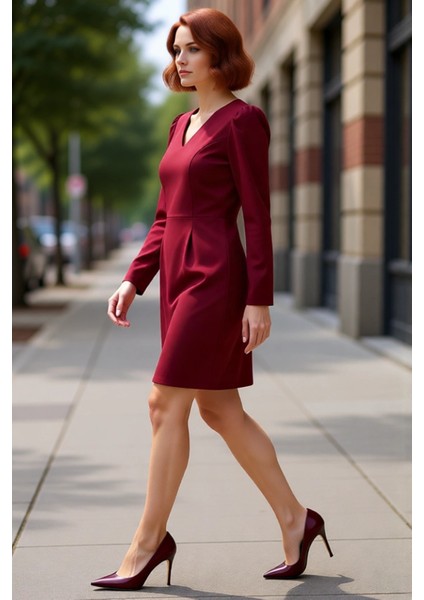 Kadın Bordo Bodycon V Yaka Balon Kol Uzun Kollu Dokuma Mini Elbise Büyük Beden Şık Günlük Kaliteli