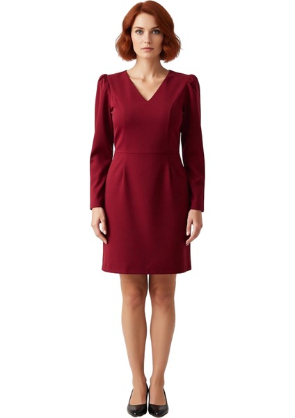 Kadın Bordo Bodycon V Yaka Balon Kol Uzun Kollu Dokuma Mini Elbise Büyük Beden Şık Günlük Kaliteli modelleri