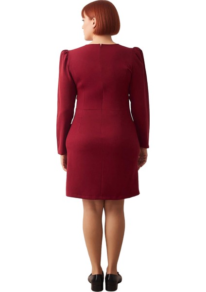 Kadın Bordo Bodycon V Yaka Balon Kol Uzun Kollu Dokuma Mini Elbise Büyük Beden Şık Günlük Kaliteli fırsatları