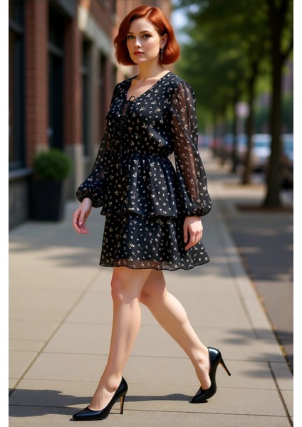 Kadın Büyük Beden Çiçek Desenli Şifon Dokuma Mini Eteği Fırfırlı Uzun Balon Kol Skater Elbise