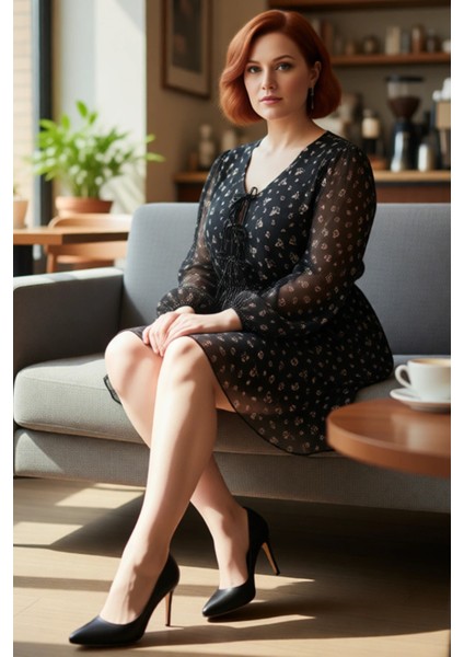 Kadın Büyük Beden Çiçek Desenli Şifon Dokuma Mini Eteği Fırfırlı Uzun Balon Kol Skater Elbise fiyatları