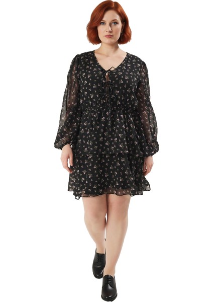 Kadın Büyük Beden Çiçek Desenli Şifon Dokuma Mini Eteği Fırfırlı Uzun Balon Kol Skater Elbise modelleri