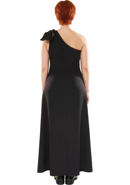 Kadın Siyah Büyük Beden A Line Abiye Maxi Elbise Asimetrik Tek Omuz Fiyonklu Zarif Dokuma Kaliteli fırsatları