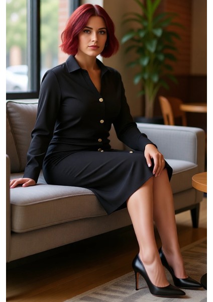 Kadın Büyük Beden Gömlek Yaka Büzgü Detaylı Örme Midi Elbise Şık Uzun Kol Kışlık Tasarım Kaliteli fiyatları