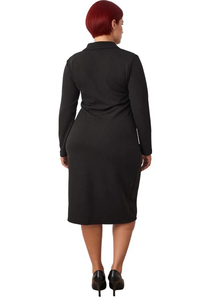 Kadın Büyük Beden Gömlek Yaka Büzgü Detaylı Örme Midi Elbise Şık Uzun Kol Kışlık Tasarım Kaliteli fırsatları