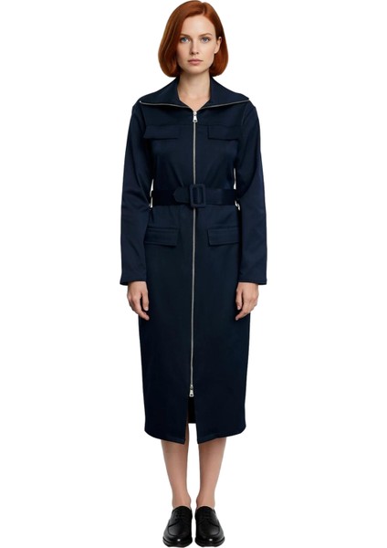 Kadın Fermuarlı Dokuma Midi Gömlek Elbise Astarsız Standart Uzun Kol Gabardin Şıklığı Kaliteli fiyatları