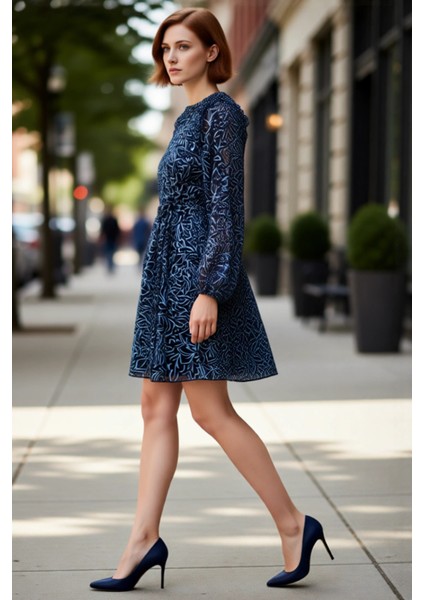 Kadın Zarif Mavi Çiçekli Fırfırlı Uzun Kollu Şifon Skater Mini Elbise Seçeneği Kaliteli Şık fırsatları