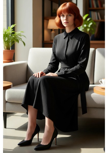 Kadın Ilkbahar Sonbahar Şık Bordo Midi Gömlek Elbise Düz Deseni Kuşak Detayı ile Konforlu Kaliteli