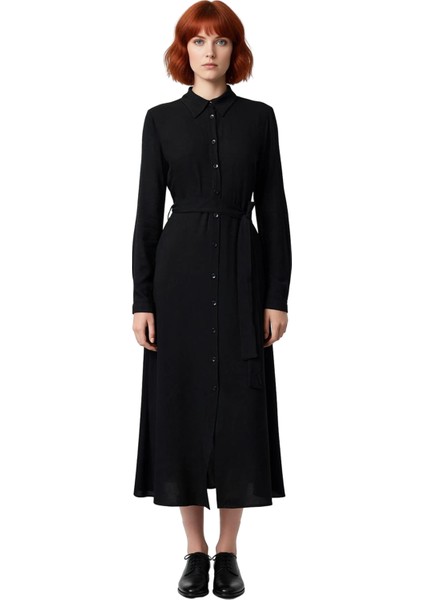 Kadın Ilkbahar Sonbahar Şık Bordo Midi Gömlek Elbise Düz Deseni Kuşak Detayı ile Konforlu Kaliteli fiyatları