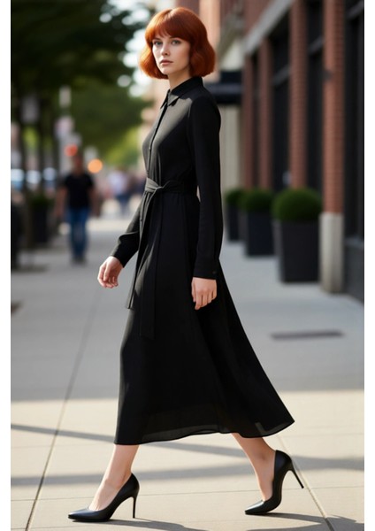 Kadın Ilkbahar Sonbahar Şık Bordo Midi Gömlek Elbise Düz Deseni Kuşak Detayı ile Konforlu Kaliteli fırsatları