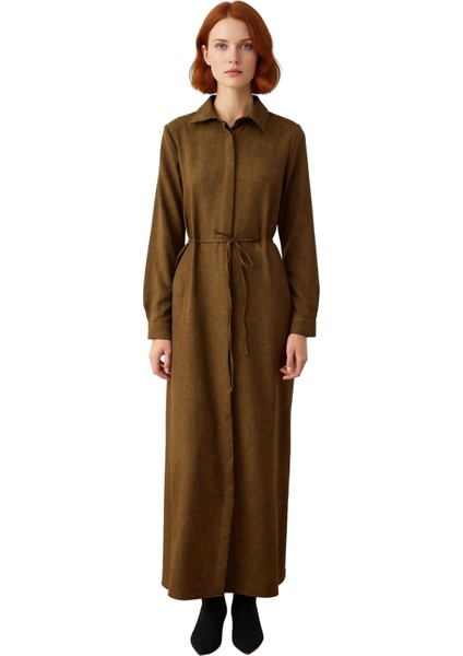 Kadın A Line Gömlek Yaka Maxi Boy Astarsız Keten Görünümlü Düz Tesettür Dokuma Elbise Kaliteli modelleri