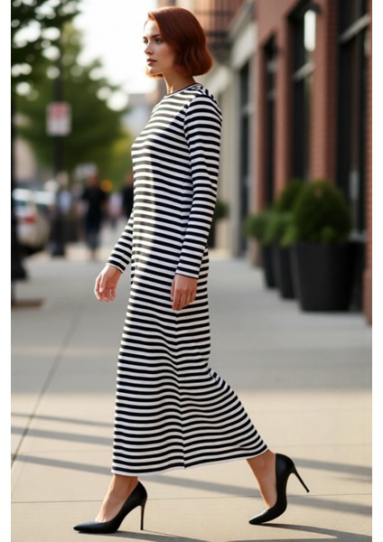 Kadın Shift Kalıp Maxi Boy Uzun Kol Çizgili Örme Düğme Detaylı Dik Yaka Elbise Günlük Şıklık