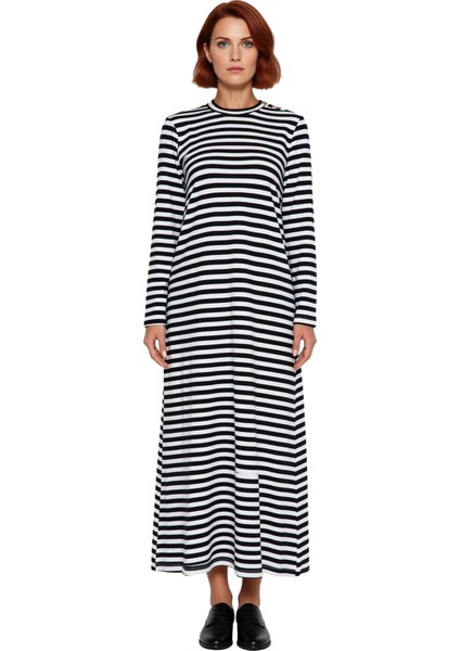 Kadın Shift Kalıp Maxi Boy Uzun Kol Çizgili Örme Düğme Detaylı Dik Yaka Elbise Günlük Şıklık modelleri