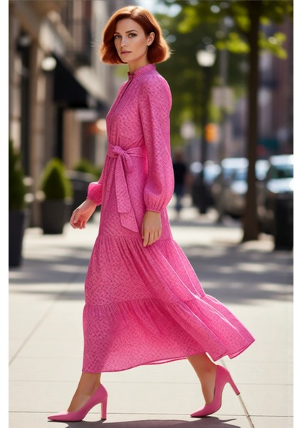 Kadın Çiçek Desenli Kuşak Detaylı Gömlek Yaka Uzun Kollu Astarlı Maxi Boy Dokuma Elbise Kaliteli