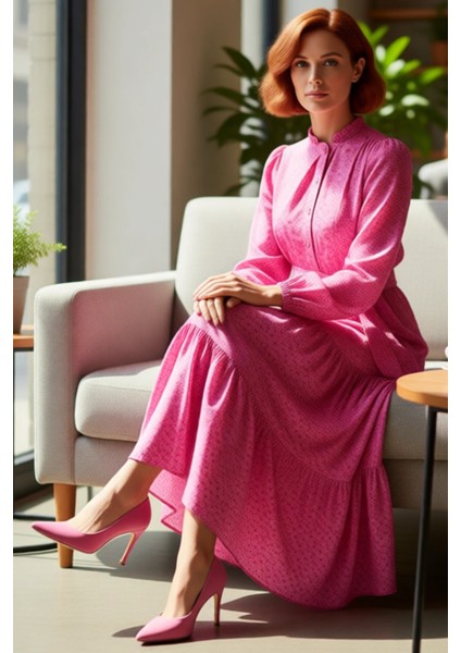 Kadın Çiçek Desenli Kuşak Detaylı Gömlek Yaka Uzun Kollu Astarlı Maxi Boy Dokuma Elbise Kaliteli fiyatları