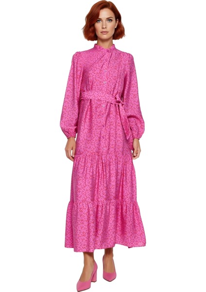 Kadın Çiçek Desenli Kuşak Detaylı Gömlek Yaka Uzun Kollu Astarlı Maxi Boy Dokuma Elbise Kaliteli modelleri