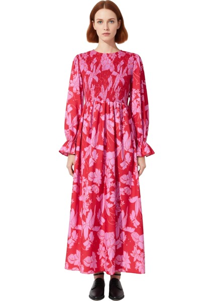 Kadın Kırmızı Çiçekli Dokuma Maxi Elbise Uzun Büzgülü Kollu Şık Bisiklet Yaka Tasarımı Kaliteli modelleri