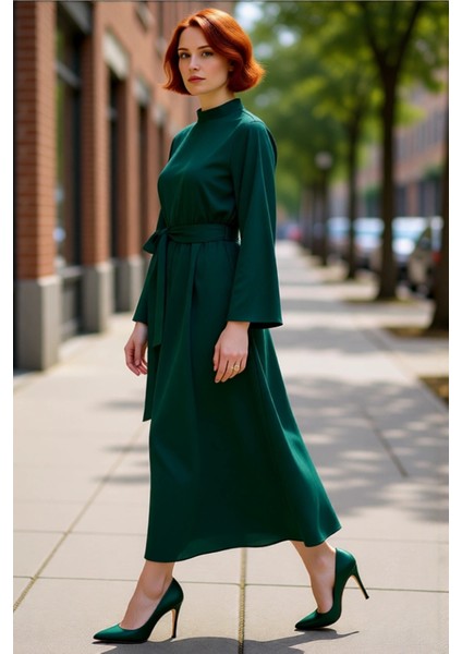 Kadın Haki Dik Yaka Kuşaklı Skater Dokuma Maxi Boy Elbise Uzun Ispanyol Kollu Günlük Şıklık