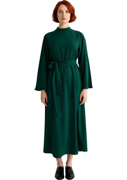 Kadın Haki Dik Yaka Kuşaklı Skater Dokuma Maxi Boy Elbise Uzun Ispanyol Kollu Günlük Şıklık modelleri