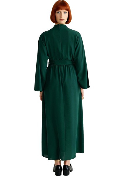 Kadın Haki Dik Yaka Kuşaklı Skater Dokuma Maxi Boy Elbise Uzun Ispanyol Kollu Günlük Şıklık fırsatları