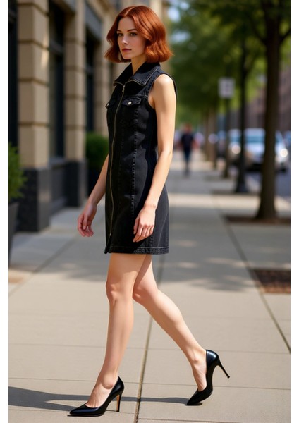 Kadın Kolsuz A Line Kesim Mini Denim Elbise Dik Yaka Fermuar Detaylı %100 Pamuklu Günlük Stil