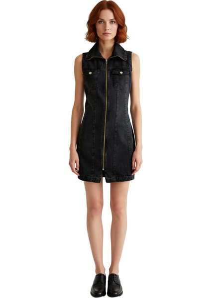 Kadın Kolsuz A Line Kesim Mini Denim Elbise Dik Yaka Fermuar Detaylı %100 Pamuklu Günlük Stil modelleri