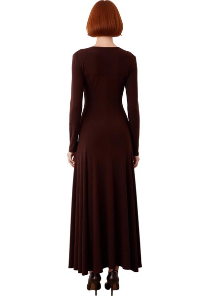 Kadın Maxi Bodycon Kalıp V Yaka Uzun Kollu Düz Desen Yırtmaç Detaylı Şık Modern Örme Elbise fırsatları