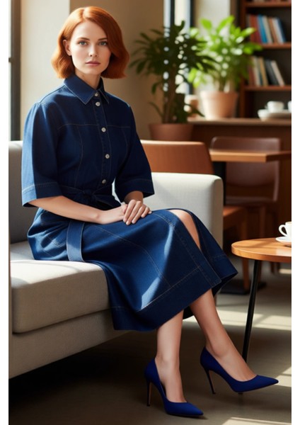 Kadınlar Için Basic Siluet Kemerli Mavi Denim %100 Pamuk Maxi Elbise Rahat Standart Kol Tasarım