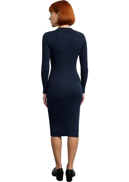 Kadın Bodycon Kesim Dik Yaka Uzun Kollu Midi Yırtmaçlı Rejenere Kaşkorse Elbise Şık Görünüm Sunar fırsatları