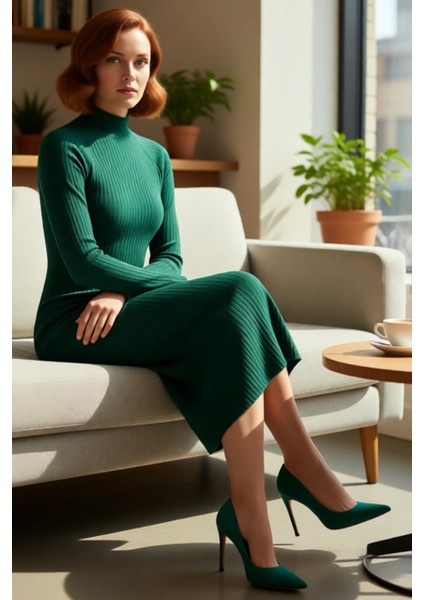 Kadın Düz Desen Midi Elbise Örme Kumaş Bodycon Kalıp Dik Yaka Uzun Kollu Yırtmaçlı Şık ve Rahat