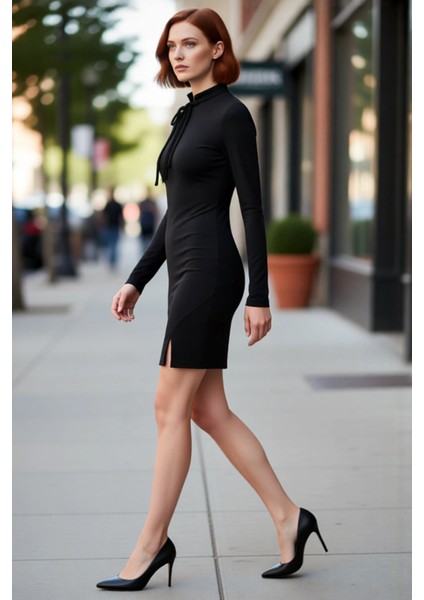 Kadın Siyah Bodycon Mini Elbise Dik Yaka Uzun Kol Bağlama Detaylı Sandy Örme Kış Şıklığı Kaliteli
