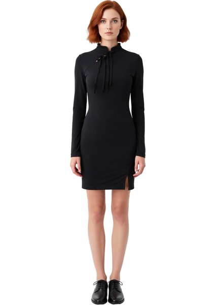 Kadın Siyah Bodycon Mini Elbise Dik Yaka Uzun Kol Bağlama Detaylı Sandy Örme Kış Şıklığı Kaliteli modelleri