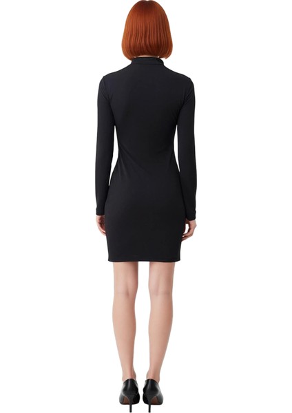 Kadın Siyah Bodycon Mini Elbise Dik Yaka Uzun Kol Bağlama Detaylı Sandy Örme Kış Şıklığı Kaliteli fırsatları
