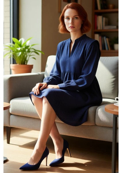 Kadın Shift Kalıp Hakim Yaka Balon Kol Düz Dokuma Mini Elbise Ilkbahar Sonbahar Için Ideal Seçim fiyatları