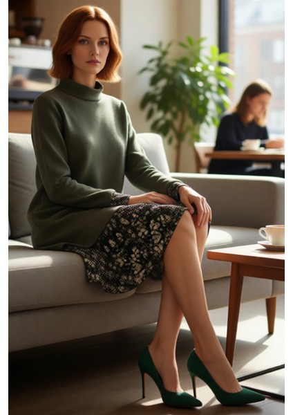 Kadın Feminine Şık Selanik Örme Dik Yaka Uzun Kol Elbise Shift Kalıplı Mini Çiçekli Tasarım