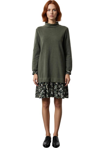 Kadın Feminine Şık Selanik Örme Dik Yaka Uzun Kol Elbise Shift Kalıplı Mini Çiçekli Tasarım fiyatları