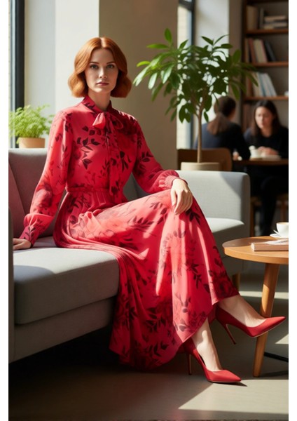 Kadın Çiçek Desenli Piliseli Şifon Maxi Elbise Uzun Balon Kollu Boyundan Bağlamalı Detaylı fiyatları